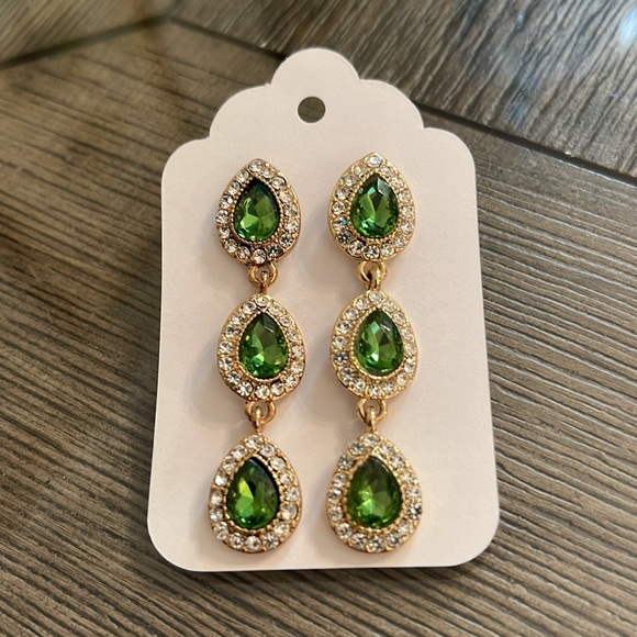 Monet Green & Clear Tear Drop Rhinestone Dangle Earrings - Picture 14 of 15